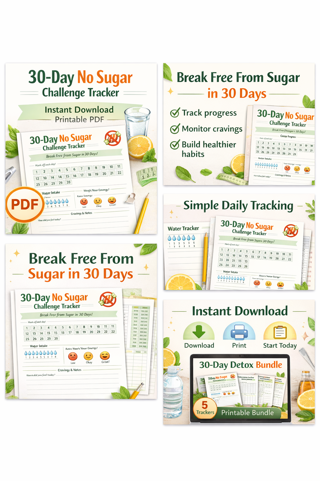 30-Day No Sugar Challenge Tracker (Printable PDF)” Example product