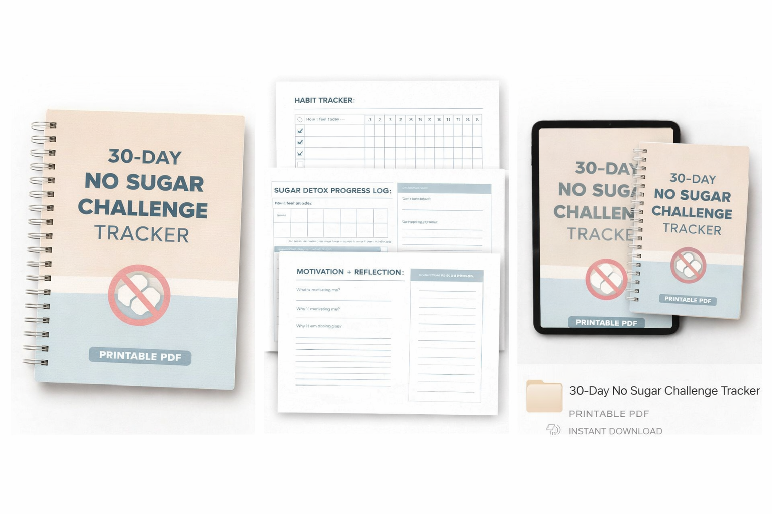 30-Day No Sugar Challenge Tracker (Printable PDF)” Example product